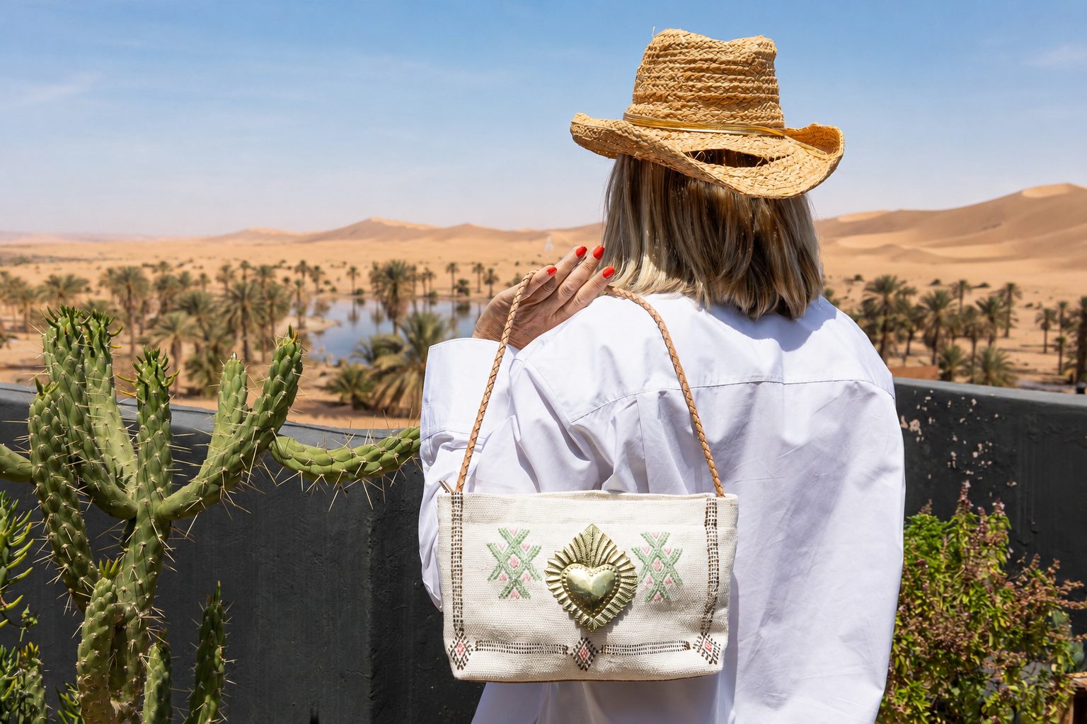 Femme portant un sac Sha AZ face au désert de Marrakech
