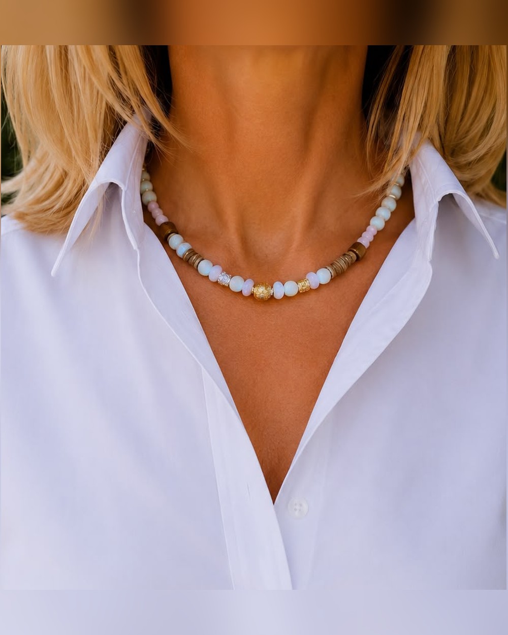 Collier Choker — Quartz Rose & Bois de Coco, Pierre de Lave — Sha AZ Marrakech